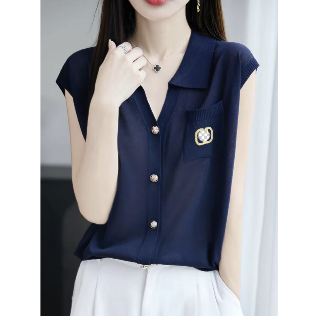 100莱赛尔天丝~老钱风V领刺绣Polo领夏季新款精品设计针织无袖女