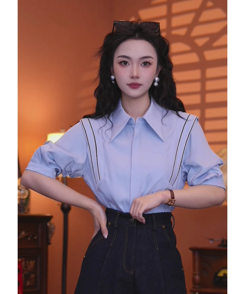 西西【梦枕星河】港味复古时尚气质短袖上衣01984