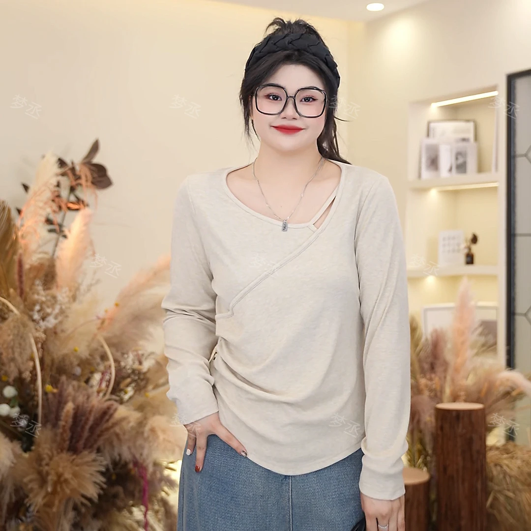 梦丞-胖妹妹百搭气质显瘦纯色系长袖女装下摆设计感收腰针织衫