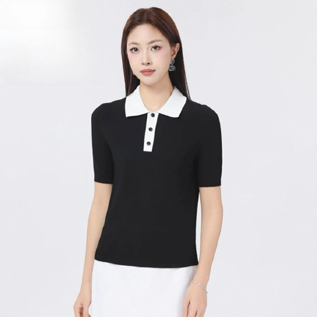 哥弟阿玛施正夏季新款短袖POLO领毛针织衫修身显瘦百搭休闲女上衣
