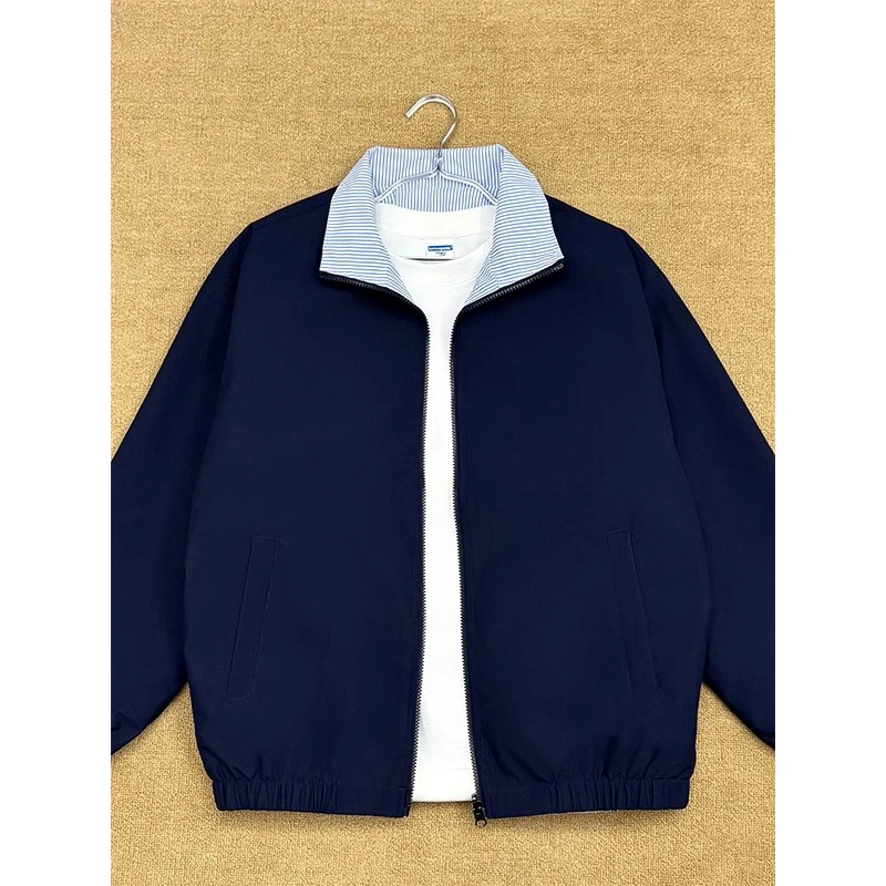 cleanfit藏青色条纹拼接夹克男秋季美式立领双面穿外套情侣棒球服