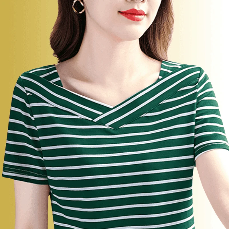 t恤女2025新款夏季休闲条纹领短袖时尚百搭显瘦宽松妈妈夏装上衣