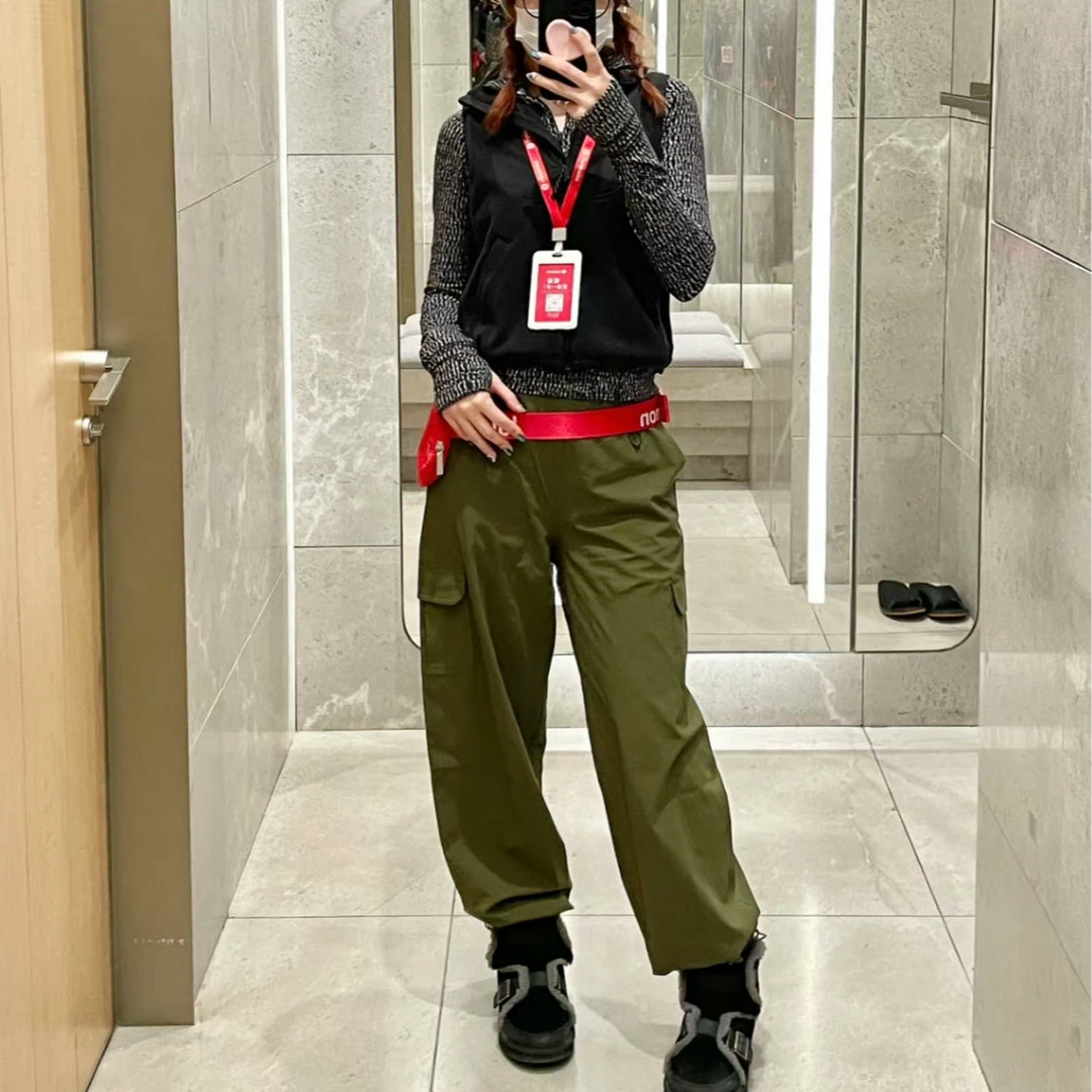 LU女子高腰抽绳降落伞运动长裤美式UPF50+防晒工装裤束脚裤休闲裤