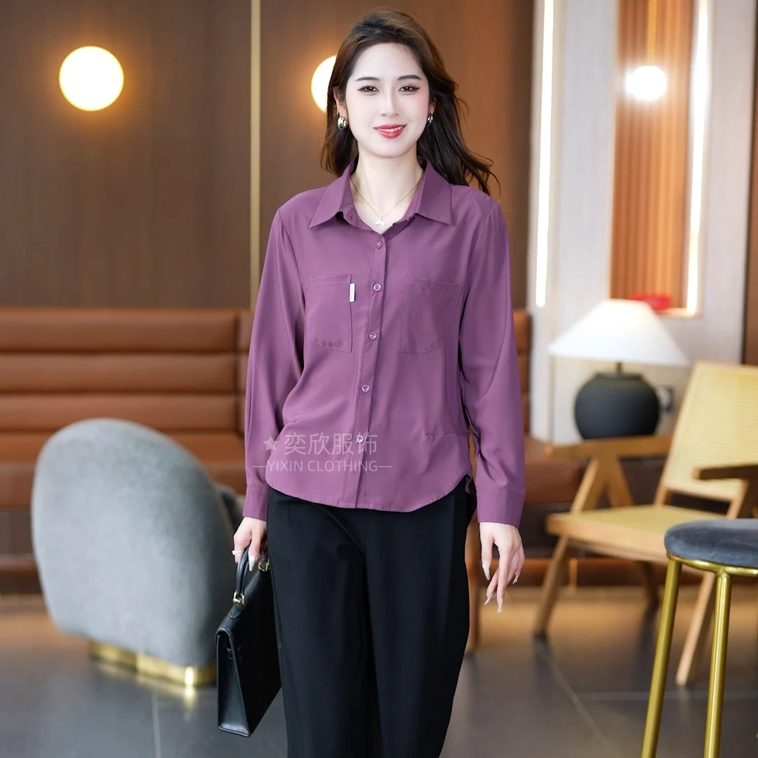夏季新款7713时尚长袖宽松设计感牛奶丝洋气休闲气质百搭女士衬衫