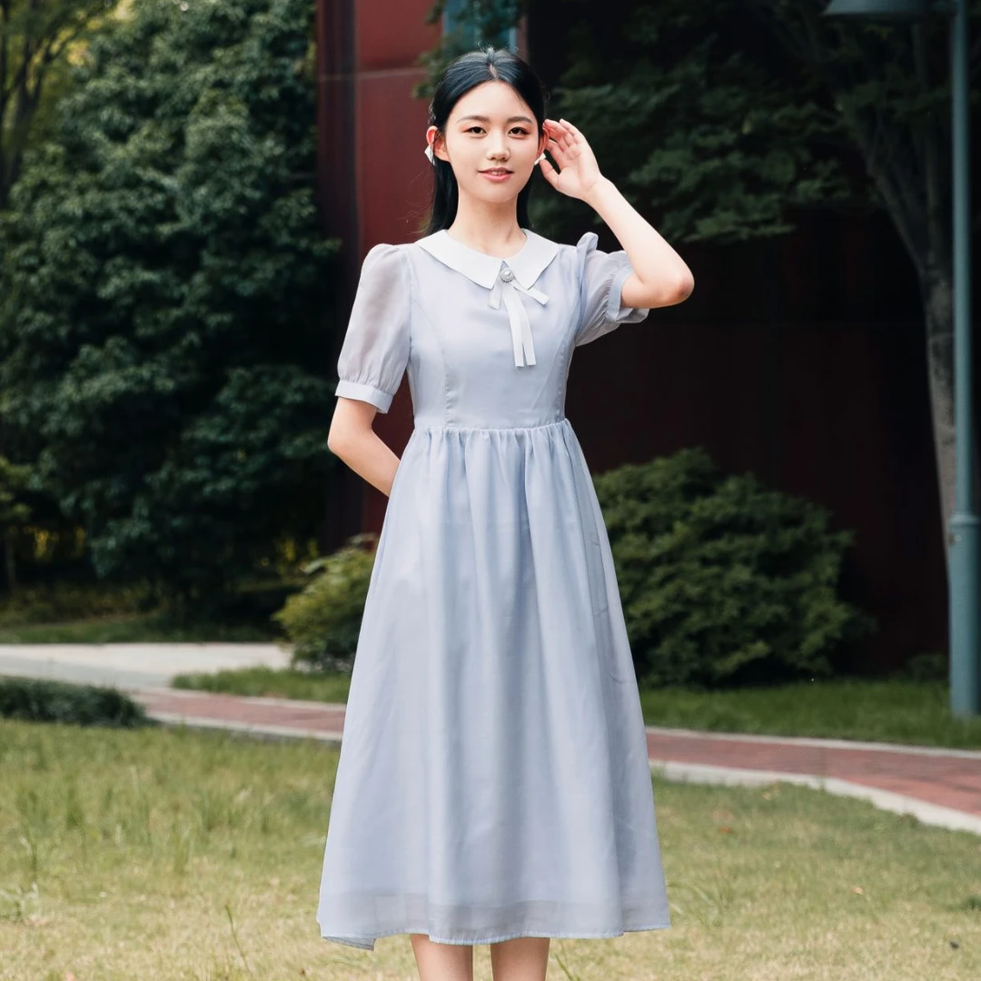 青少女夏季学院风显瘦收腰爆款显白长款少女气质新款连衣裙裙子