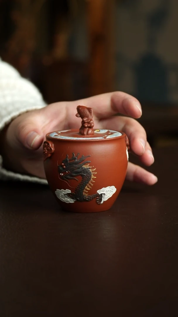 茶杯紫砂31号 朱泥隐龙手抓 宜兴紫砂原矿作品