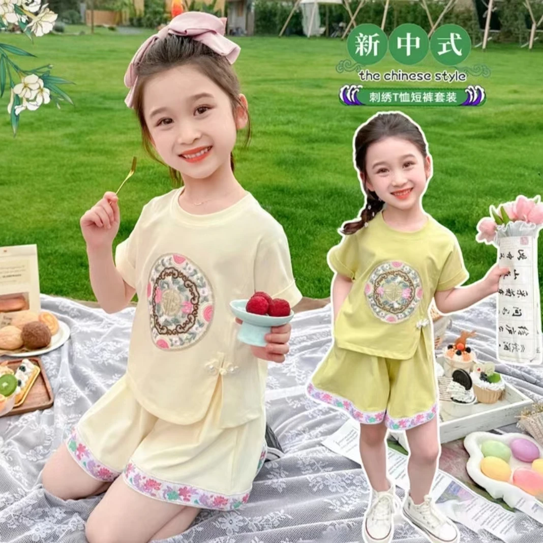 2025新款女童短袖套装夏季女孩洋气新中式刺绣短裤两件套小童国风