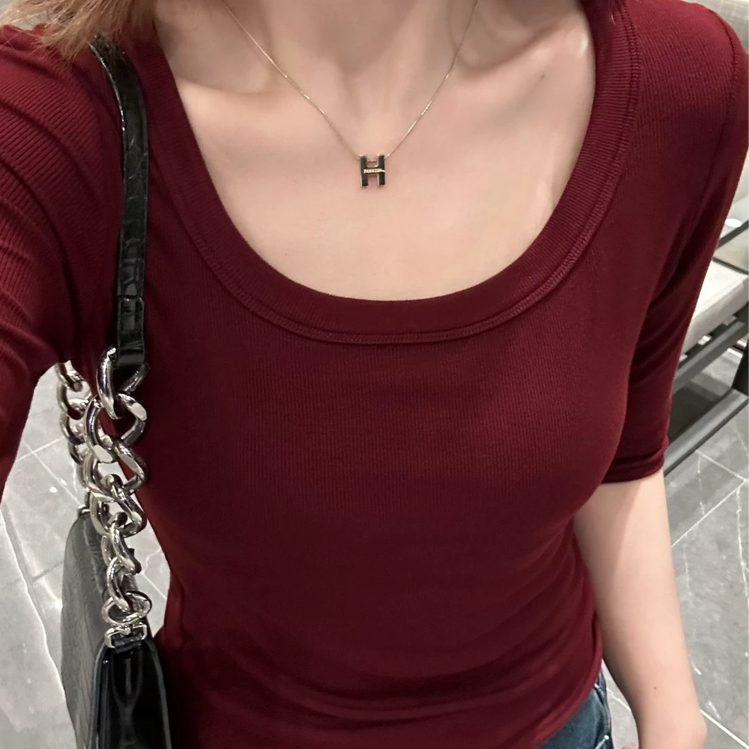 X新款中袖大U领时尚洋气t恤女显瘦u领螺纹新款上衣8877