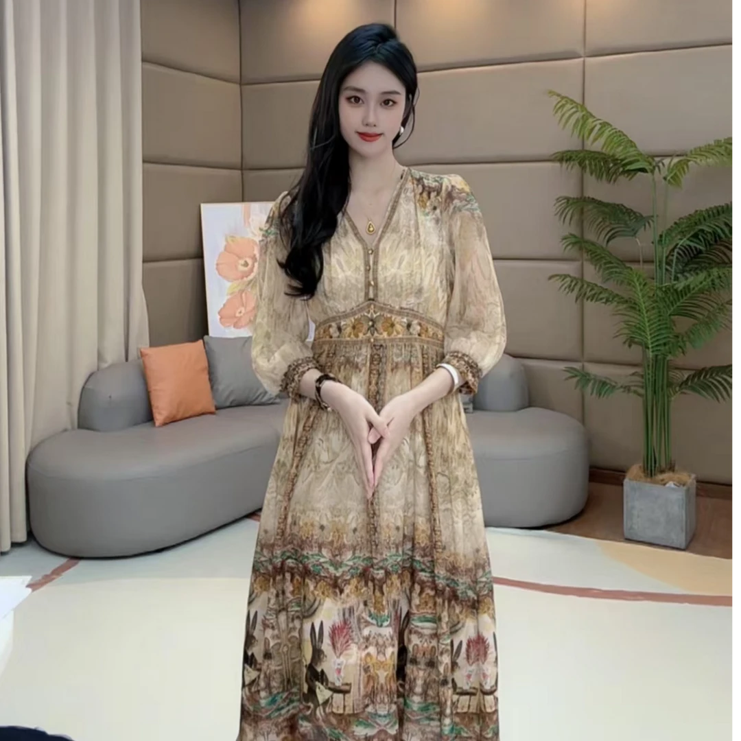 《马洛克女王真丝》“玉兔”收腰气质显瘦真丝印花连衣裙80050