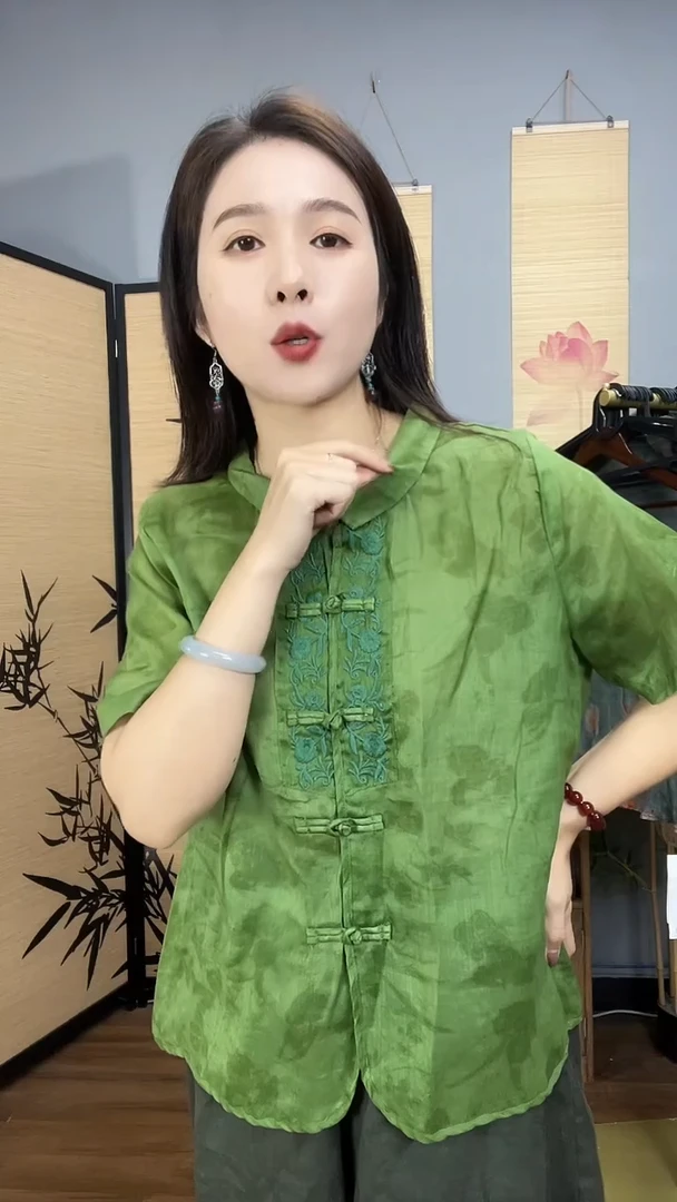 复古国风苎麻刺绣印花衬衫