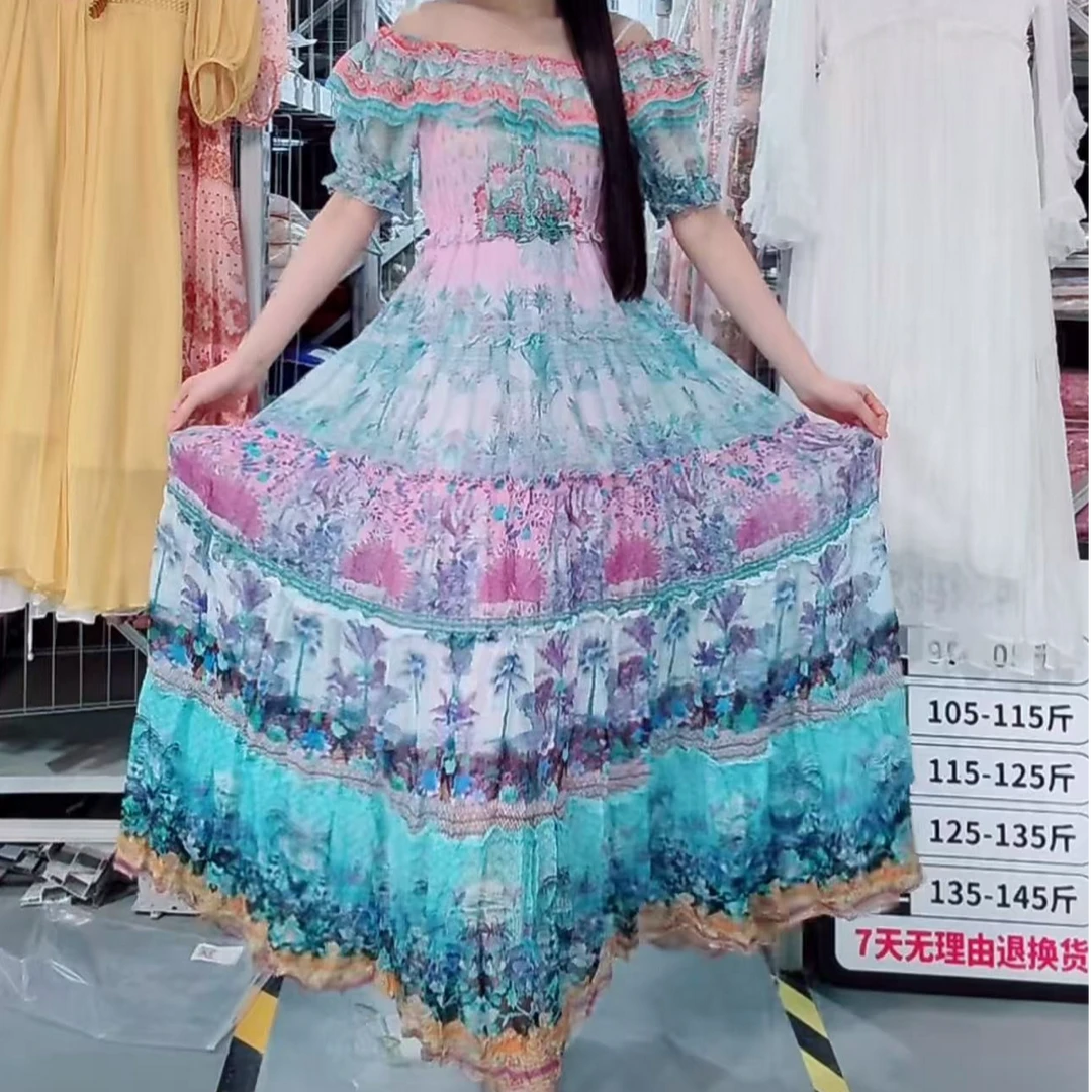 妍姐欧系2025新款夏季轻奢一字肩度假风优雅大摆连衣裙绿色206008