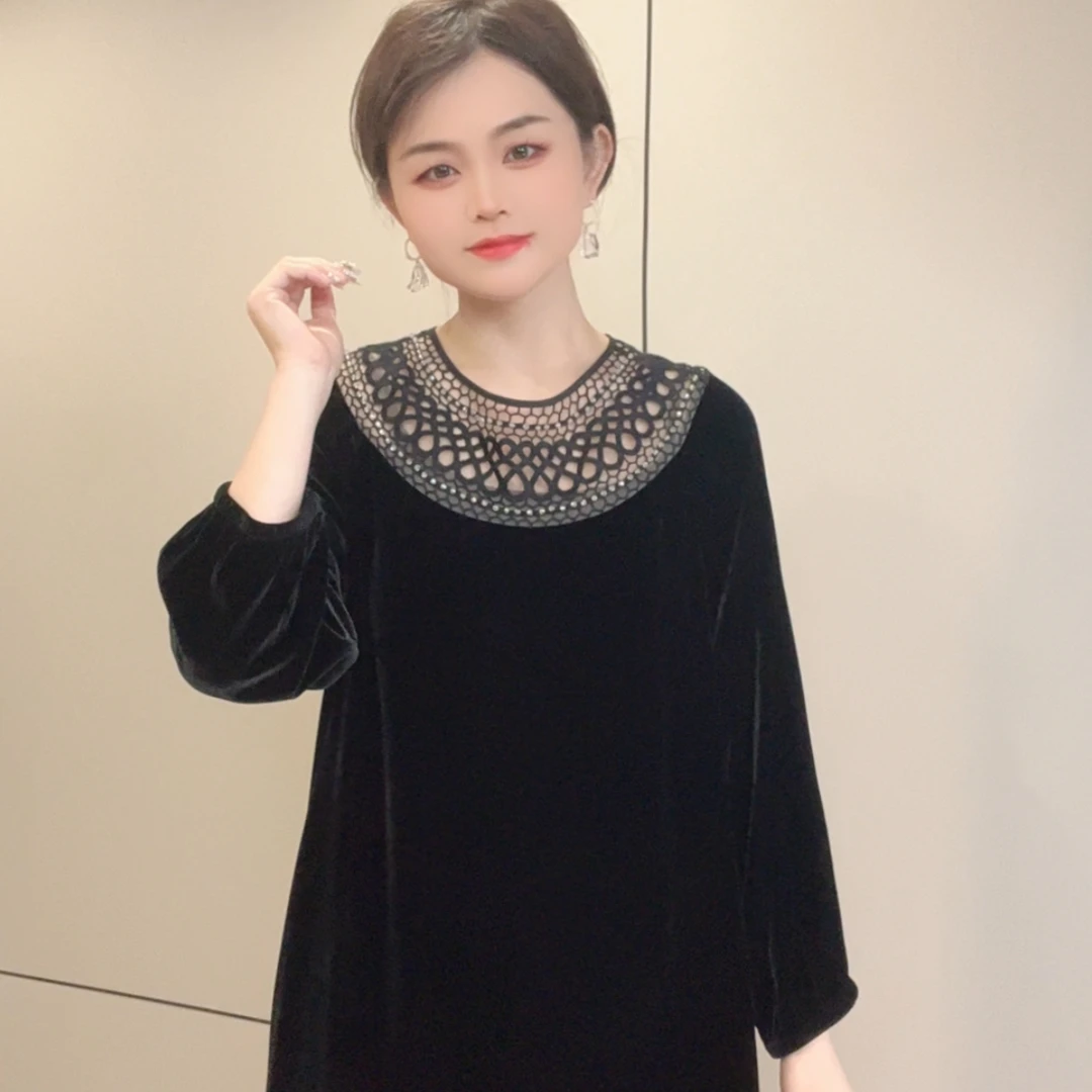 国风复古钉珠真丝丝绒轻奢长袖桑蚕丝女士连衣裙m117