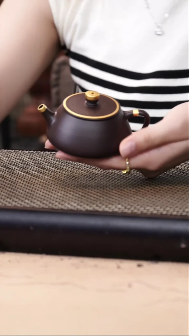 茶壶紫砂四号井茄皮紫泥描金平盖石瓢120cc