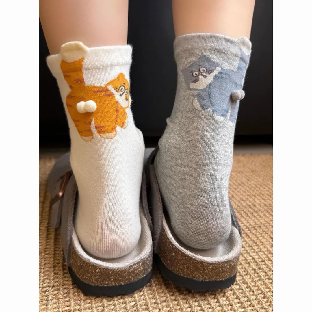 夏秋可爱外穿ins猫咪叮叮白色卡通中筒蛋蛋袜子日系搞怪长袜潮流