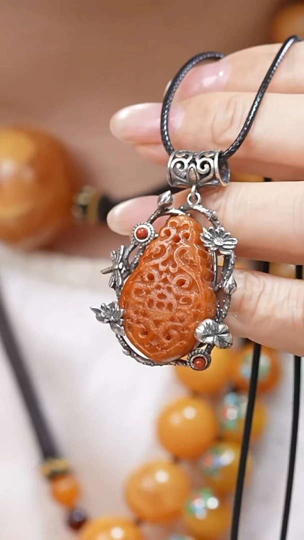 蜜蜡颈饰银S925镶嵌5044天然蜜蜡珠宝奇石云端妖孽石膏蜡全部保真