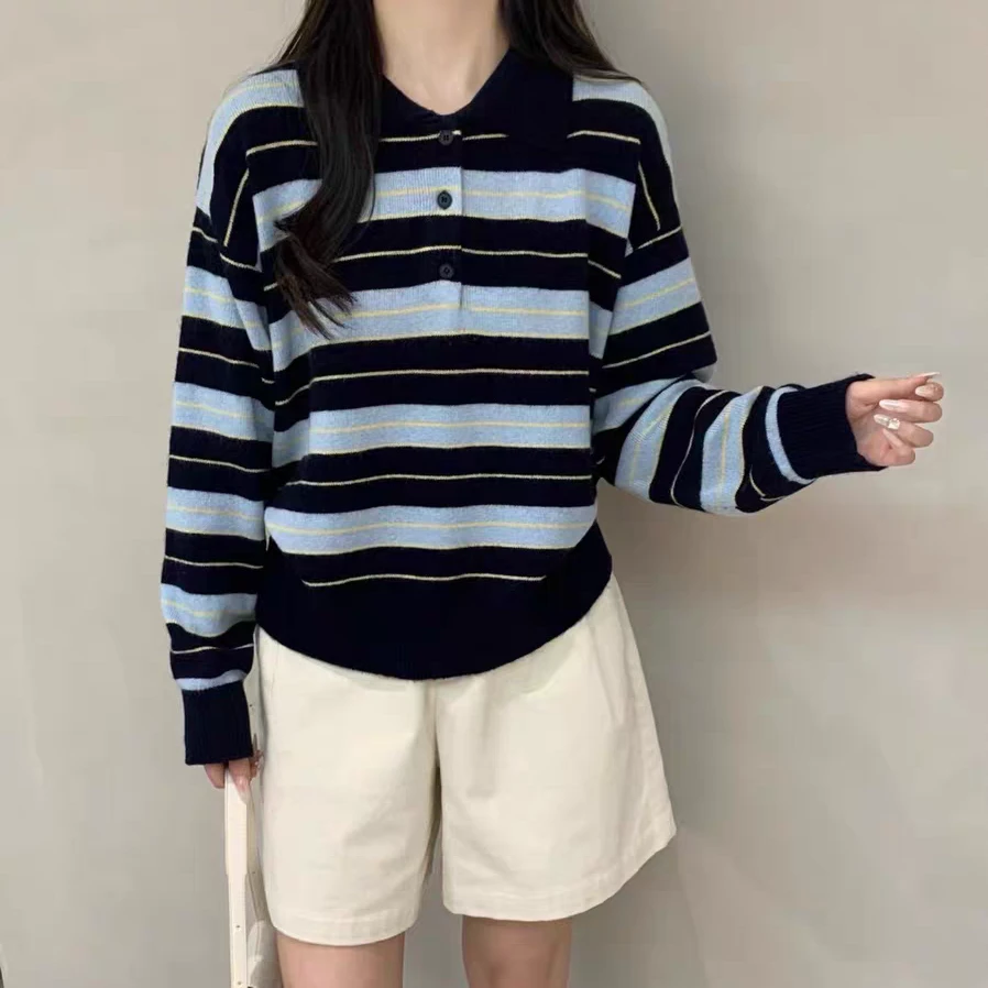 玲姐定制-藏青复古条纹设计感翻领套头毛衣280285