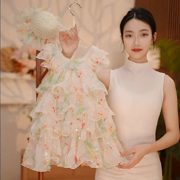 【Y.d0037】25新款夏季女童飞飞袖多层裙摆重工连衣裙女宝公主裙