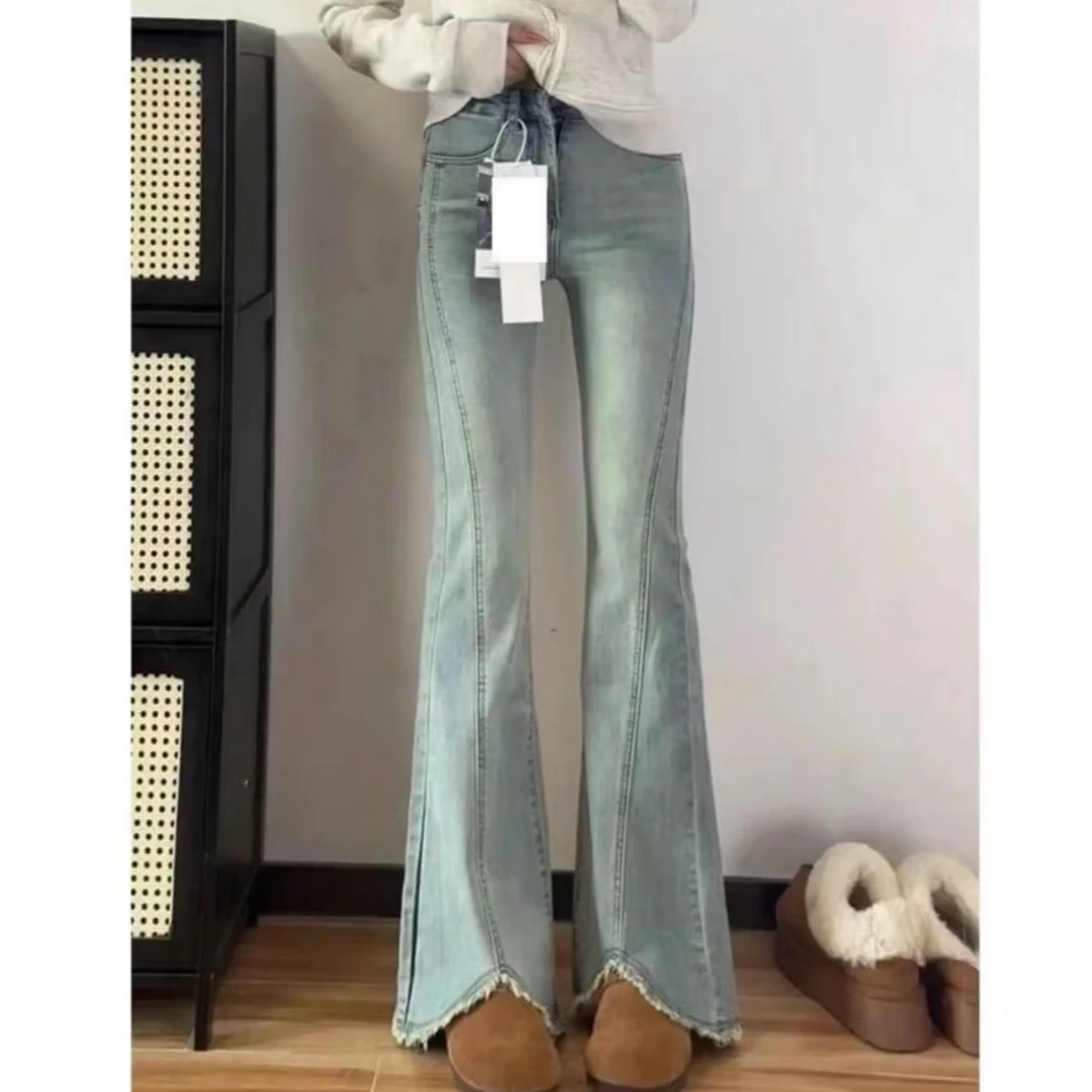 2025夏季大码女装开叉微喇牛仔裤大码胖mm弹力显瘦喇叭高腰休闲