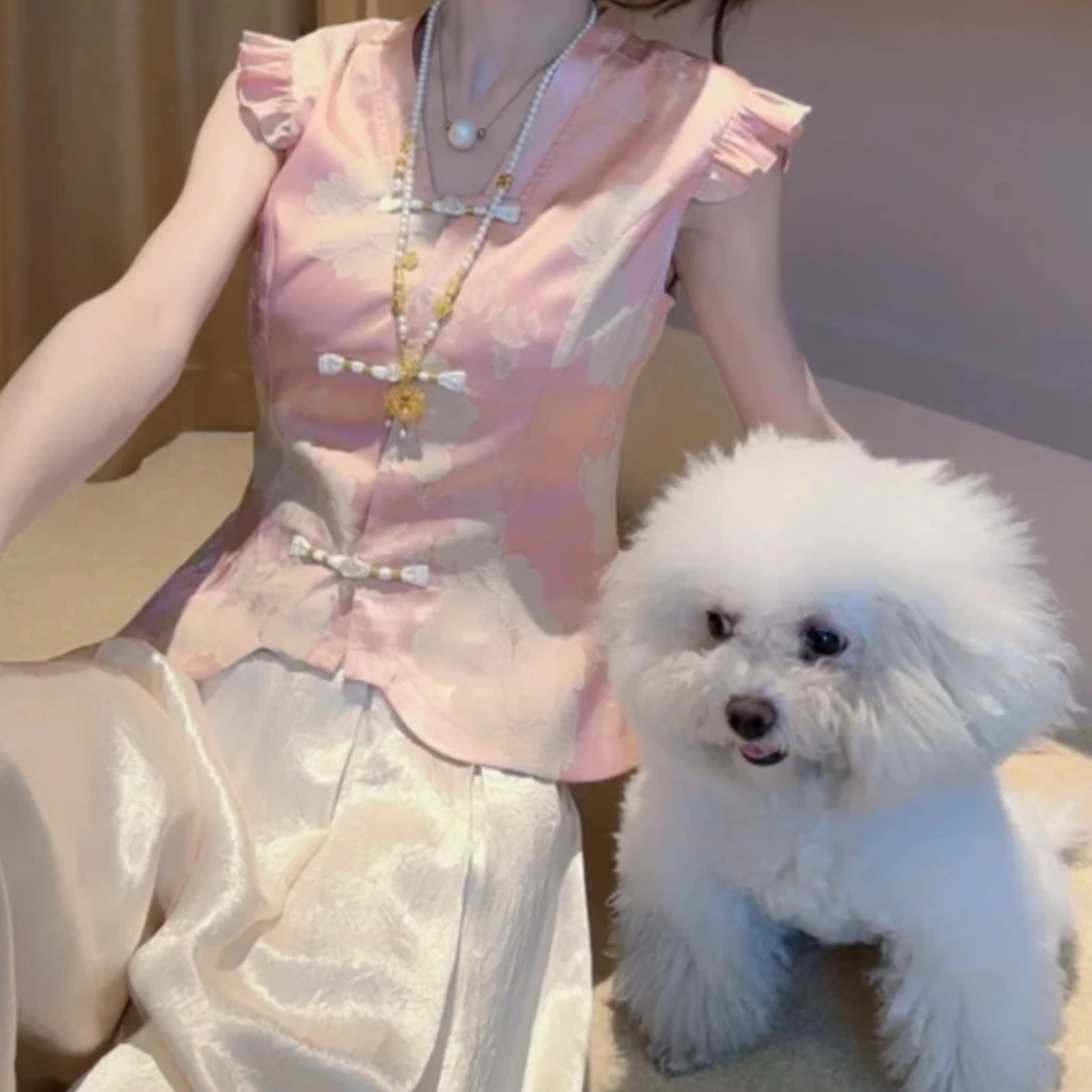 2025夏季新中式复古提花盘扣显瘦中国风修身上衣高腰阔腿裤