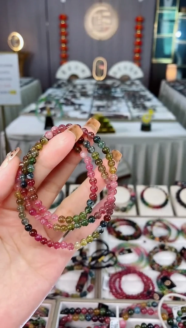 未镶嵌老矿碧玺色标冰体三圈手串4mm+碧玺dan多样性发货一条