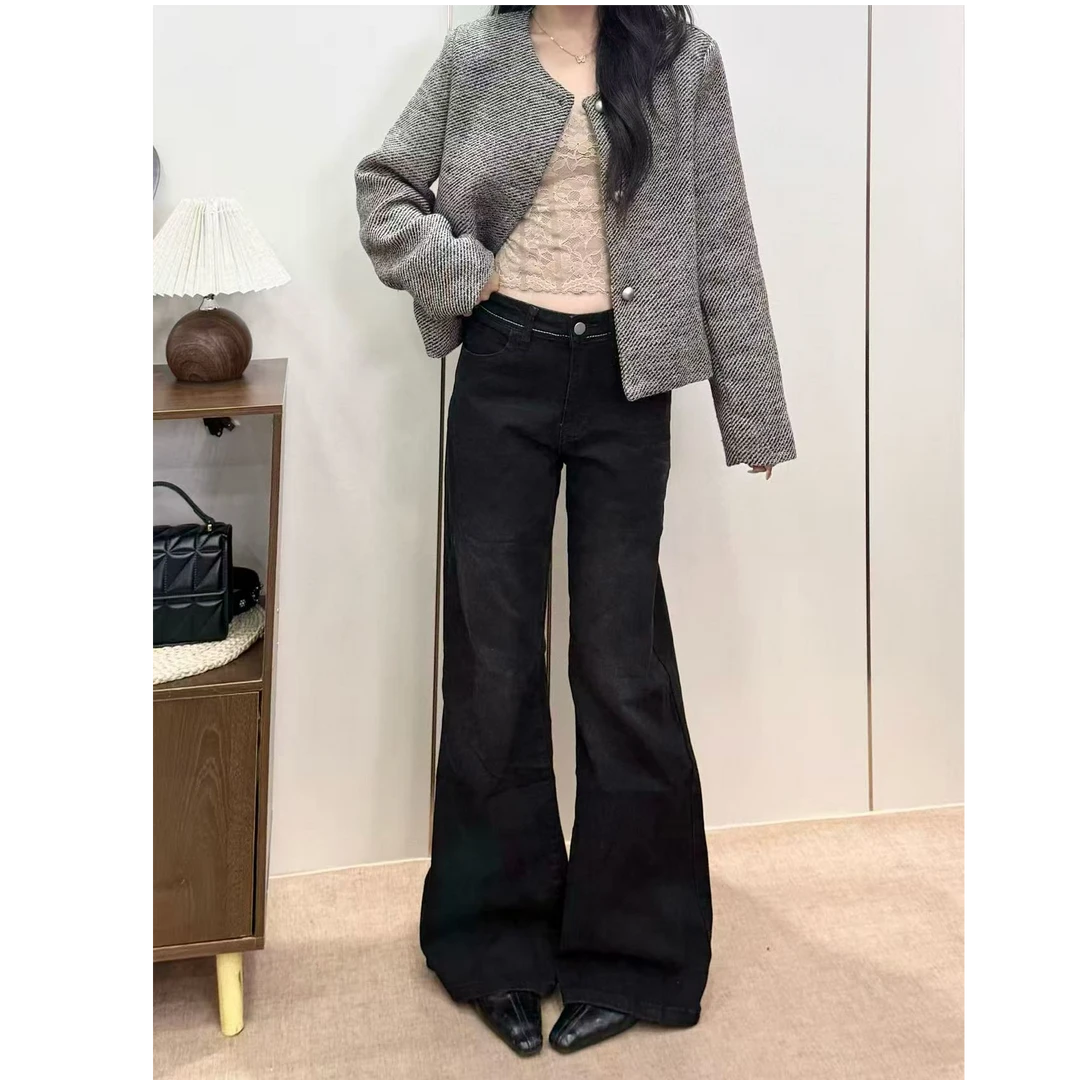 黑色牛仔裤显瘦百搭裤子喇叭裤女高个子加长直筒裤