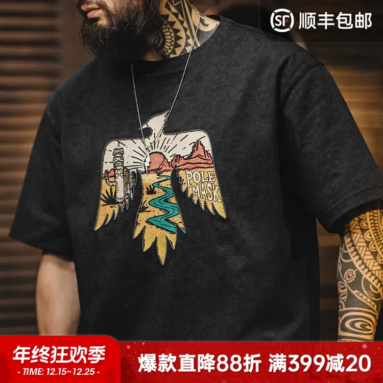 马登工装美式复古印第安雷鸟T恤棉重磅民族风刺绣印花短袖男夏季