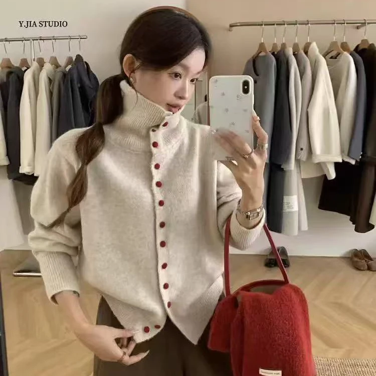 【热卖】高领单排扣软糯毛衣外套女秋冬季韩系外穿针织开衫上衣