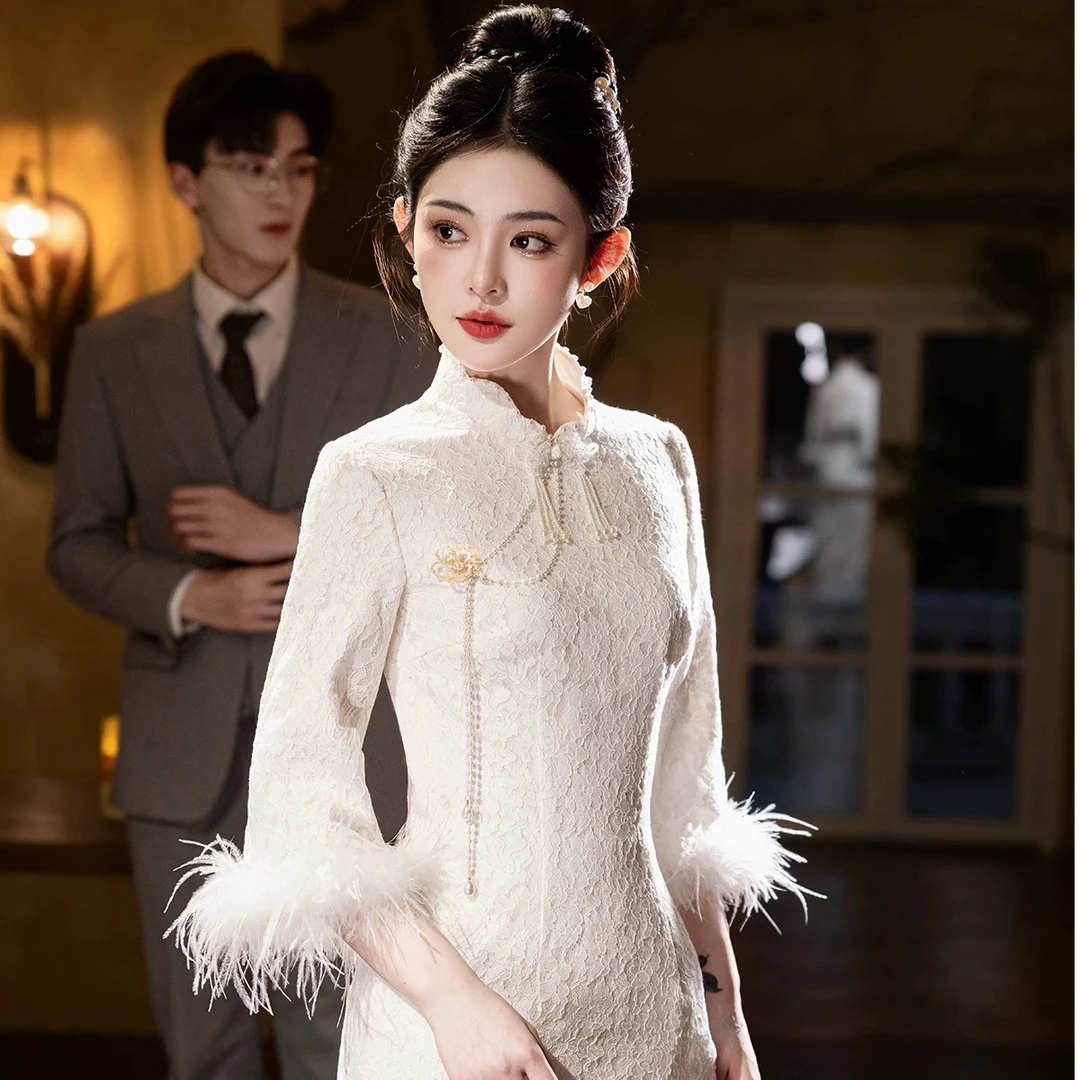 艾诗霓《簪意》旗袍冬季长袖新娘新中式敬酒订婚礼服裙结婚高级感