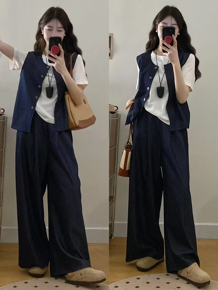 2025超火新款复古时尚简约马甲女款外穿洋气休闲显瘦阔腿裤三件套