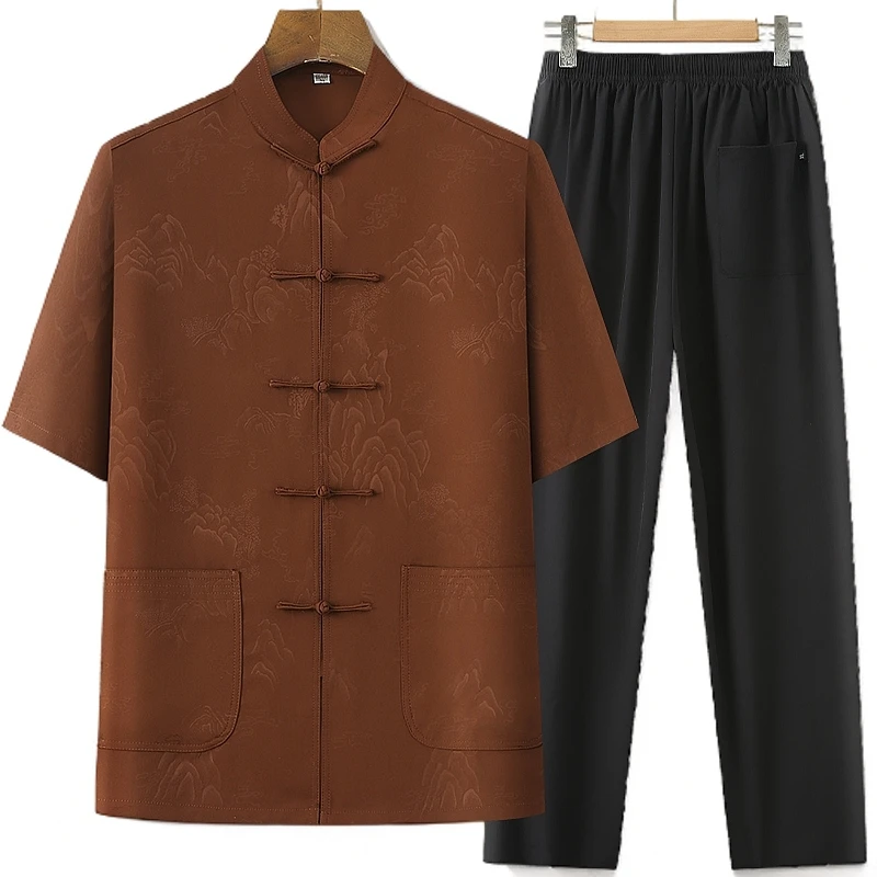 唐装男中老年夏季薄款短袖套装爸爸装中国风冰丝宽松休闲爷爷半袖