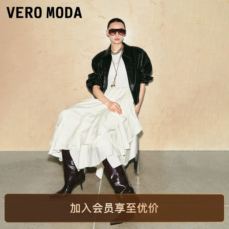 Vero Moda夹克2025冬季新款含棉翻领松紧底摆纯色外套PU时尚百搭