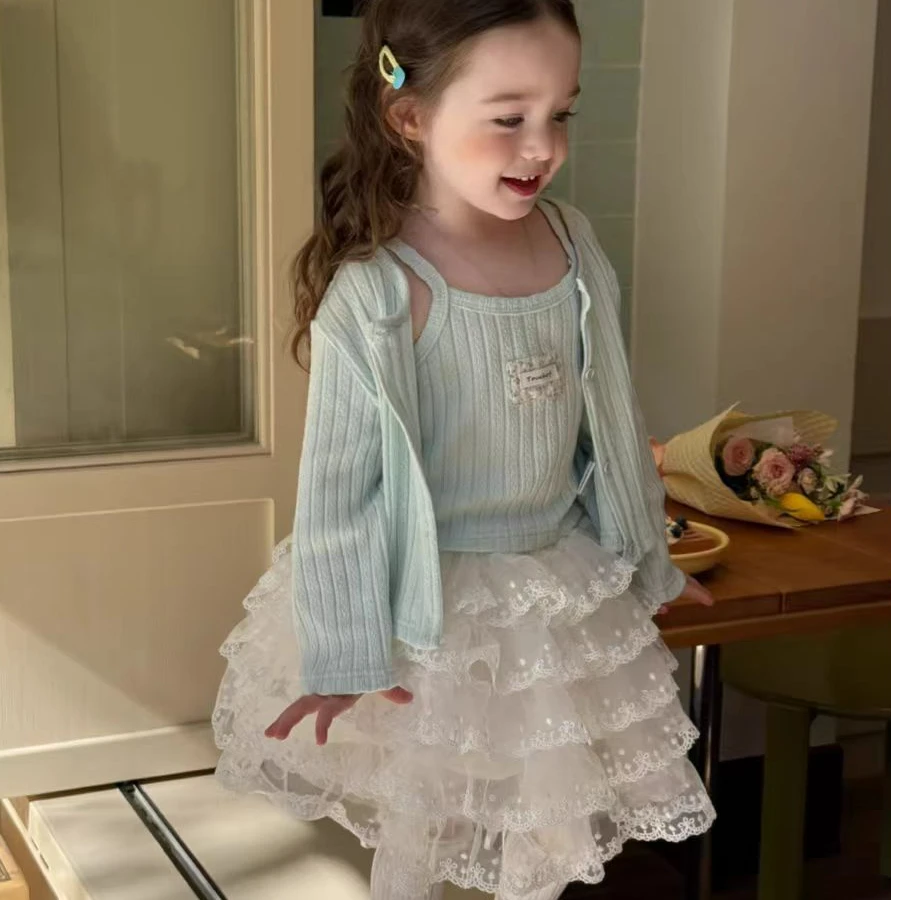 童装2025春季新款女童小童韩版吊带开衫两件套蕾丝蛋糕纱裙半裙