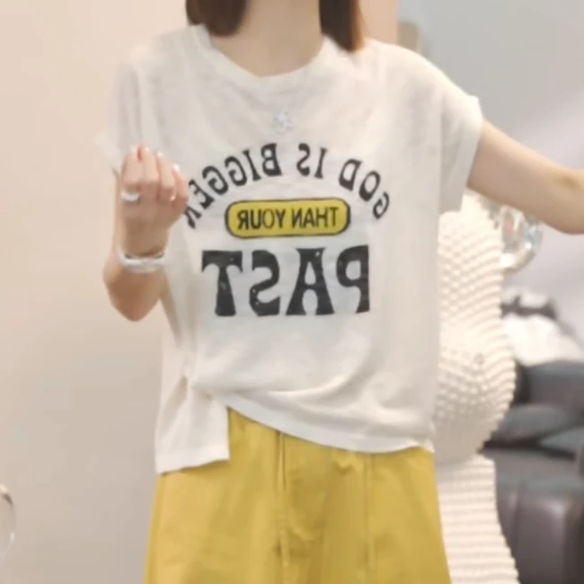 设计感字母下摆不规则短袖T恤女2025年夏季新款显瘦百搭时尚上衣
