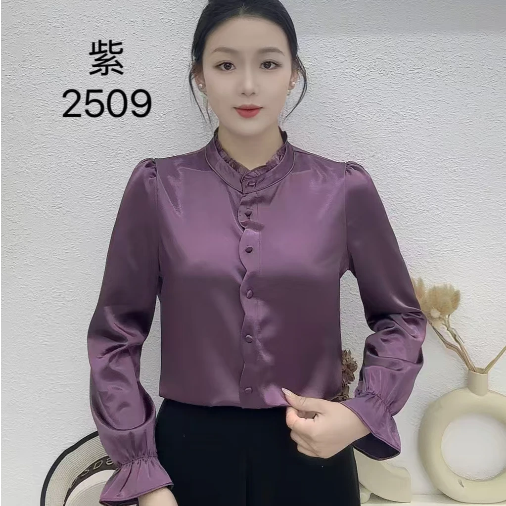 2025早春新款木耳领长袖缎面衬衫女洋气时尚显瘦遮肉温柔气质上衣