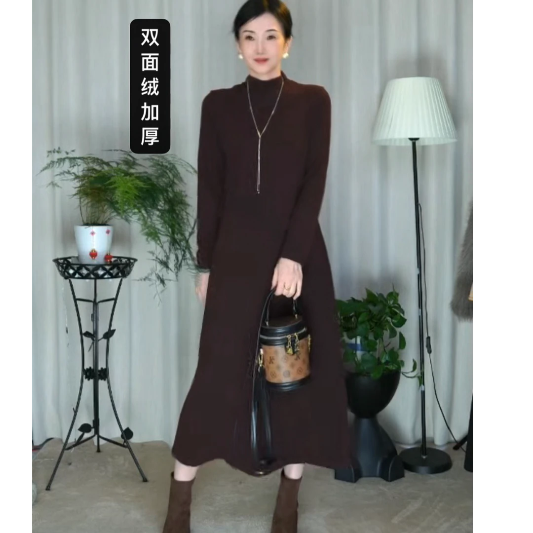 【现货+运费险】秋冬女打底连衣裙宽松中长款加厚双面加绒连衣裙