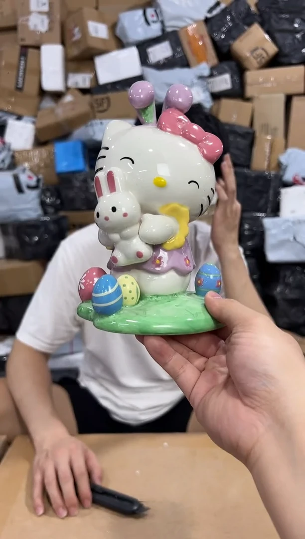 瓷片kt猫抱兔子摆件 微瑕