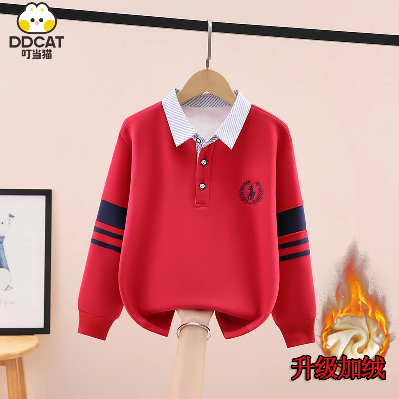 叮当猫男童卫衣加绒加厚秋冬款中大童保暖打底衫男孩翻领上衣潮流