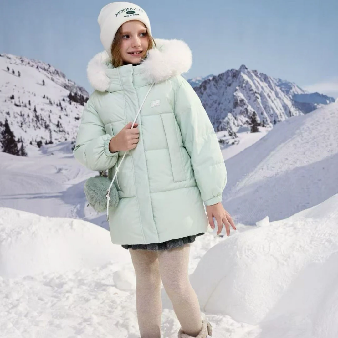 [晶秋】【118】6601女童中长款2025新款带毛领羽绒服雪乡必备