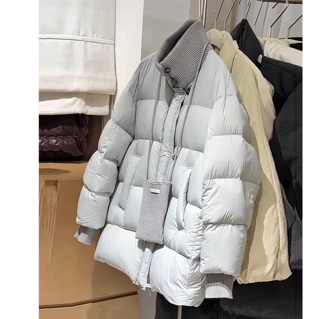 韩系高级感针织立领拼接棉服女冬2025新款中长款保暖巨好看外套