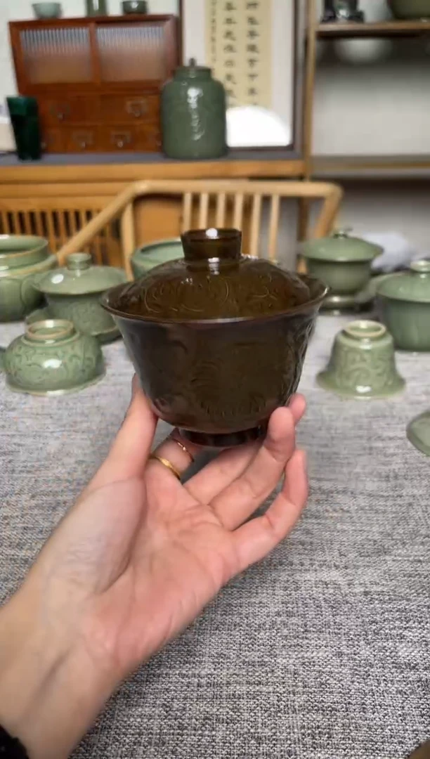 陶瓷耀州窑茶叶末釉两才盖碗  微瑕