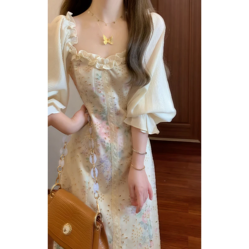 法式温柔浪漫甜美气质碎花方领连衣裙木耳花边泡泡袖长裙9727