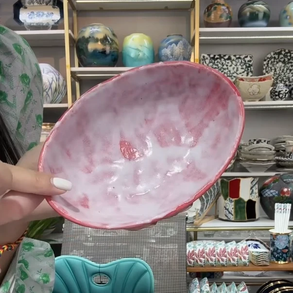 新品四【单支】日本进口濑户烧赤彩椭圆钵16cm×11cm