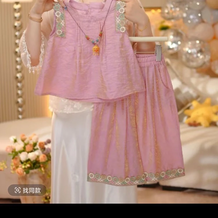 女童国风薄款套装夏季新中式T恤裙裤时髦中大童2025新款