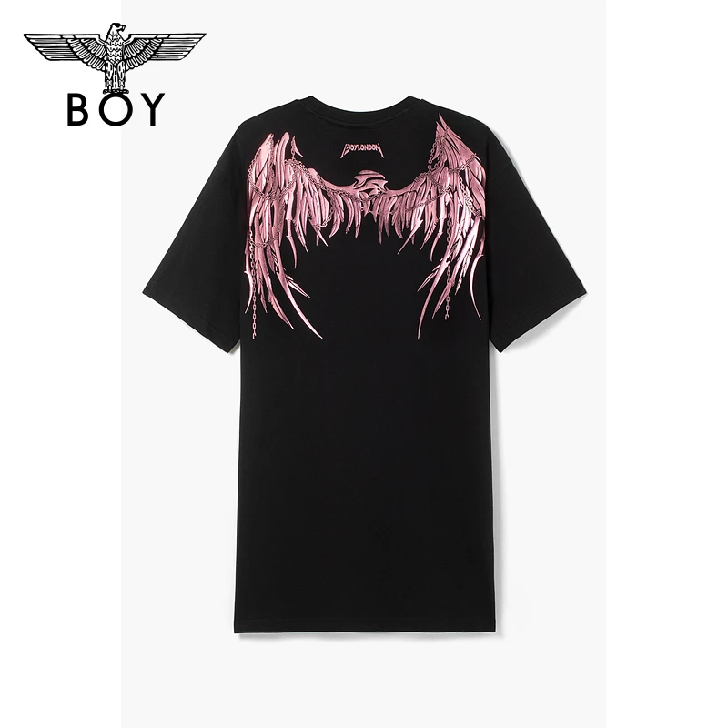 BOYLONDON短袖连衣裙女时尚新品烫粉金LOGO印花黑色T恤裙W17002