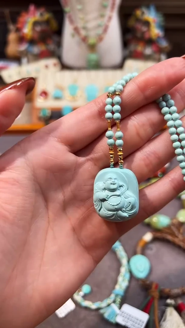 18K金镶嵌绿松石颈饰弥勒佛项链