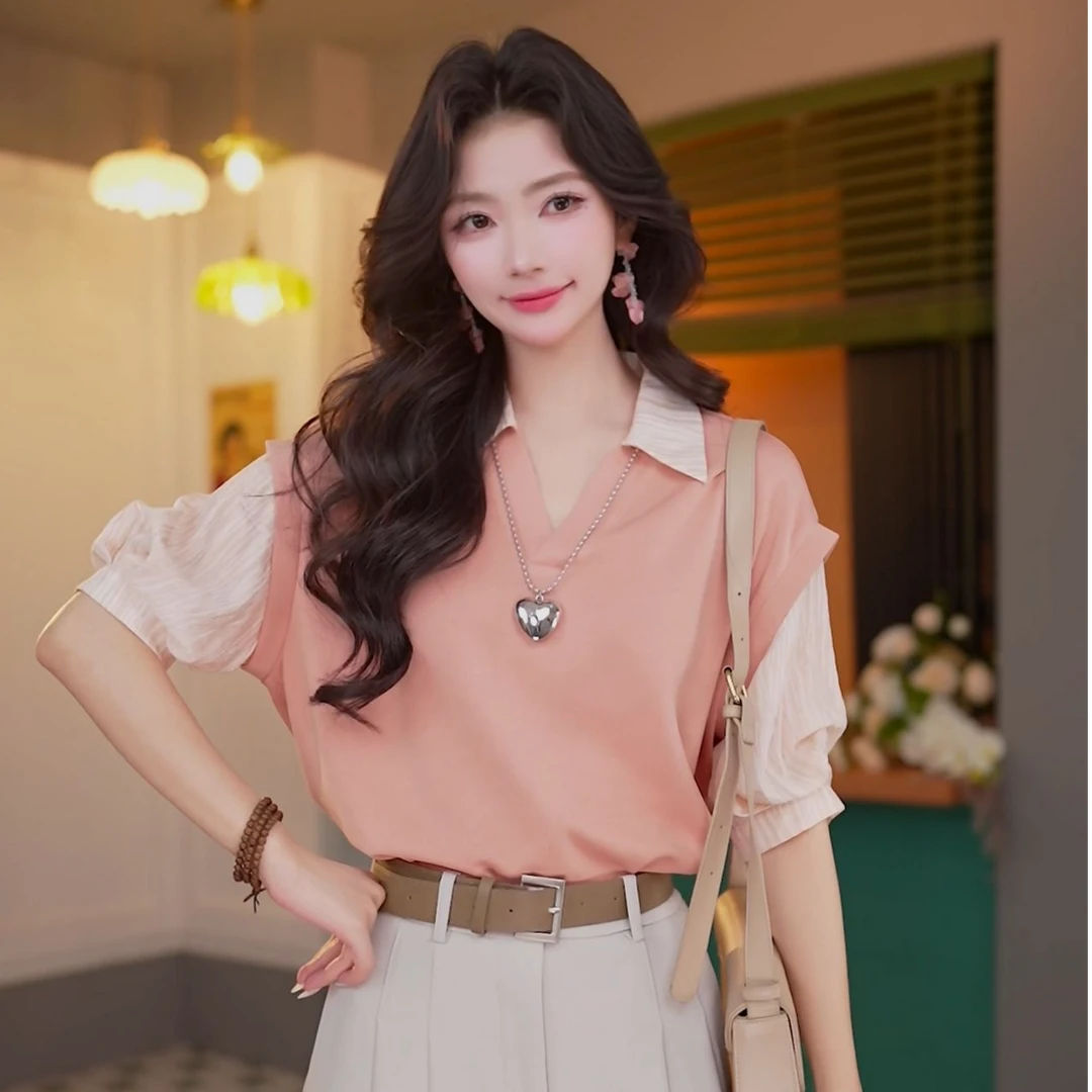 丁佳欣【中心地带】气质通勤假两件短袖女宽松休闲上衣DS1115052