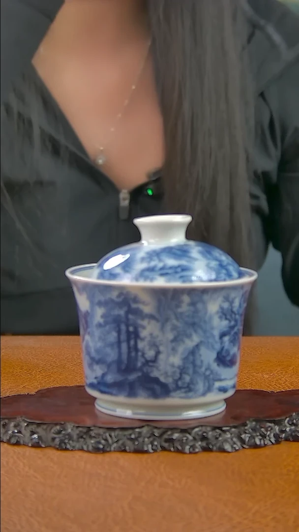 景德镇手工青花山水盖碗