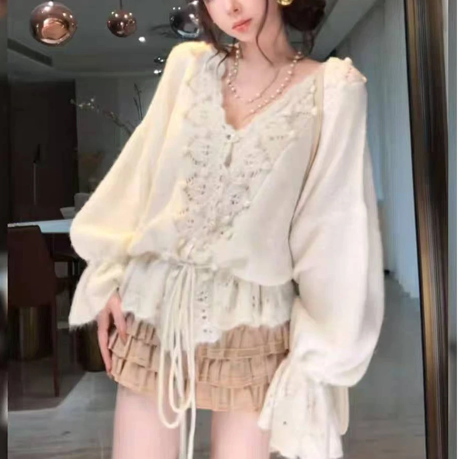 法式钩花镂空v领长袖针织衫毛衣女早秋新款高级感宽松抽绳上衣