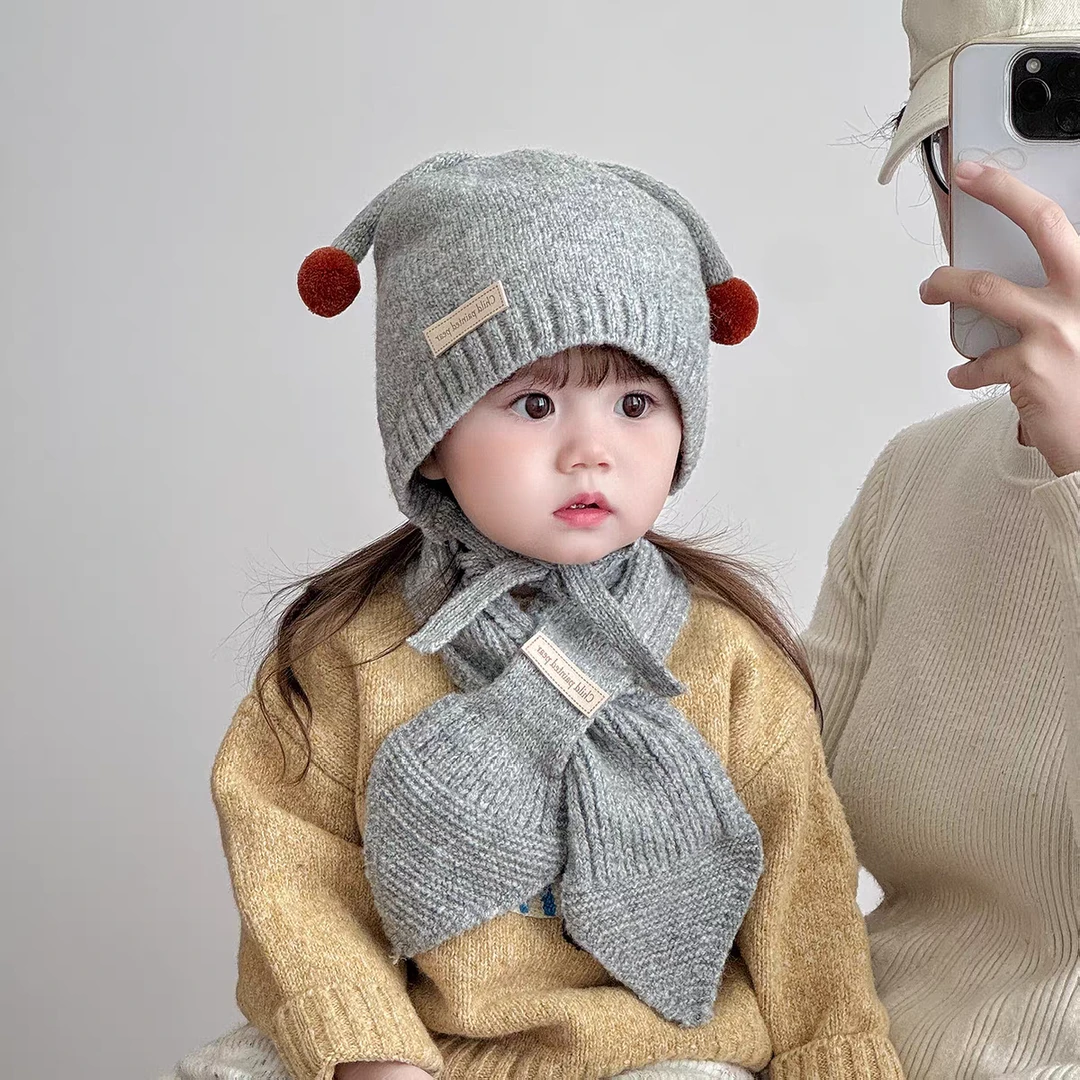 宝贝帽子冬天毛线帽围巾套装婴幼儿可爱韩版超萌加厚保暖护耳帽潮