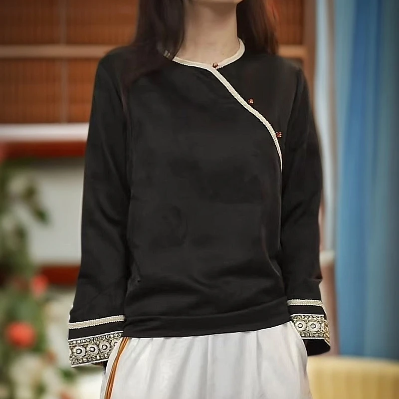 新中式斜门襟复古提花气质长袖女士打底衬衫上衣2025款原版正品